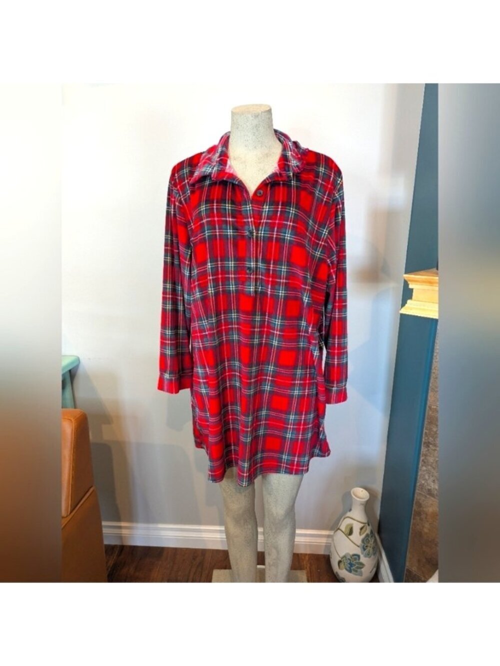 Red Plaid Long Sleeve Night Shirt Soft Fleece Adult Size XXL Children's Place